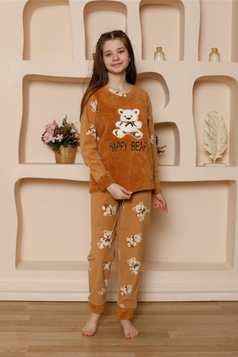 Pijama fete cocolino, pufoasa si calduroasa, imprimeu happy bear, bej, embody.ro [3]