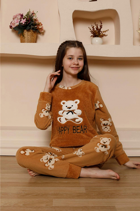 Pijama fete cocolino, pufoasa si calduroasa, imprimeu happy bear, bej, embody.ro [2]
