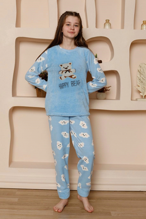 Pijama fete cocolino, pufoasa si calduroasa, imprimeu happy bear, albastru, embody.ro [3]