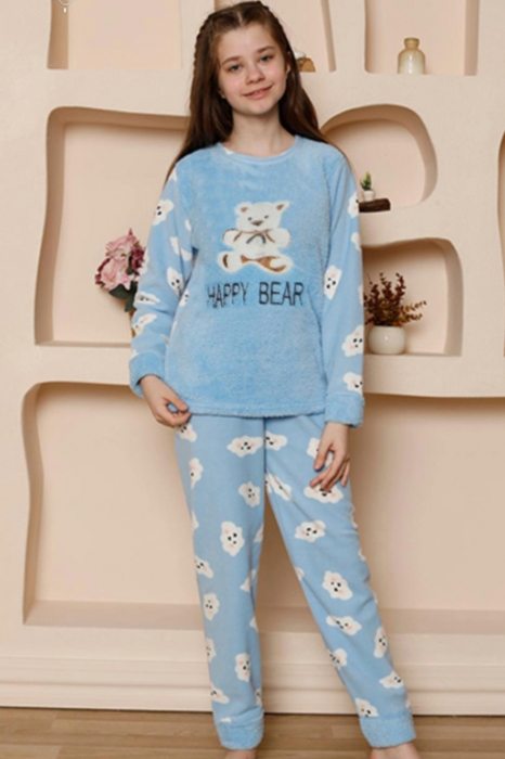 Pijama fete cocolino, pufoasa si calduroasa, imprimeu happy bear, albastru, embody.ro [2]