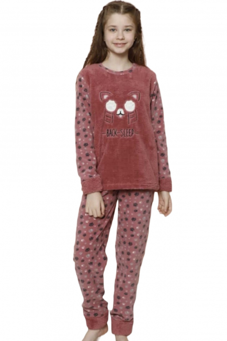Pijama fete cocolino, pufoasa si calduroasa, imprimeu Pisicuta back sleep, roz [4]