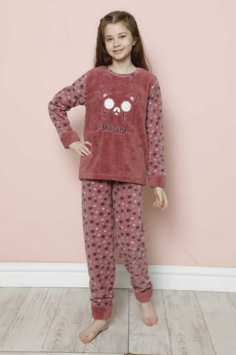 Pijama fete cocolino, pufoasa si calduroasa, imprimeu Pisicuta back sleep, roz [2]