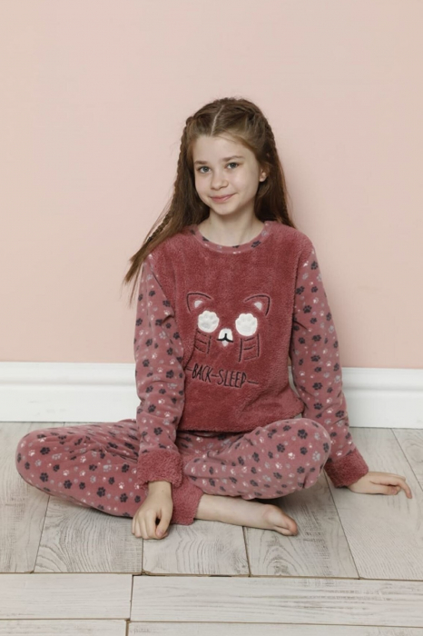 Pijama fete cocolino, pufoasa si calduroasa, imprimeu Pisicuta back sleep, roz [3]