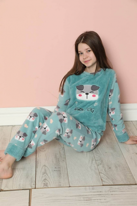Pijama fete cocolino, pufoasa si calduroasa, imprimeu Winter dog, albastru [2]