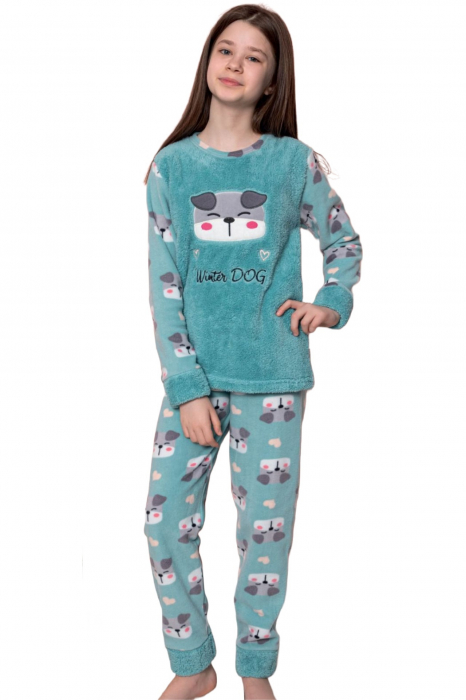 Pijama fete cocolino, pufoasa si calduroasa, imprimeu Winter dog, albastru [4]