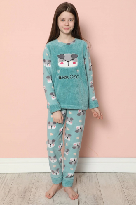 Pijama fete cocolino, pufoasa si calduroasa, imprimeu Winter dog, albastru [3]