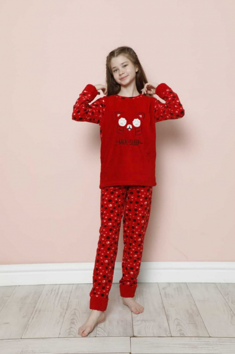 Pijama fete cocolino, pufoasa si calduroasa, imprimeu Pisicuta back sleep, rosu [4]