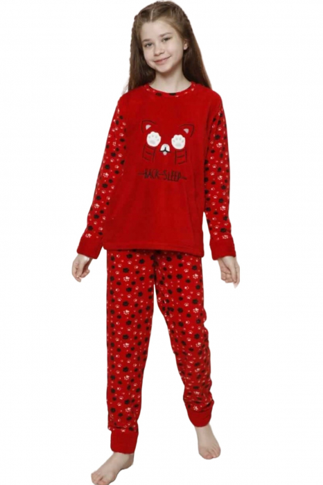 Pijama fete cocolino, pufoasa si calduroasa, imprimeu Pisicuta back sleep, rosu [5]