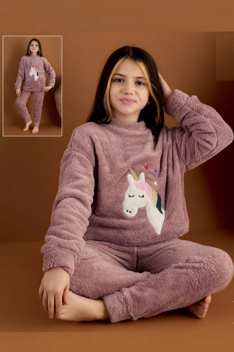 Pijama fete cocolino, pufoasa si calduroasa, imprimeu Unicorn, roz [2]