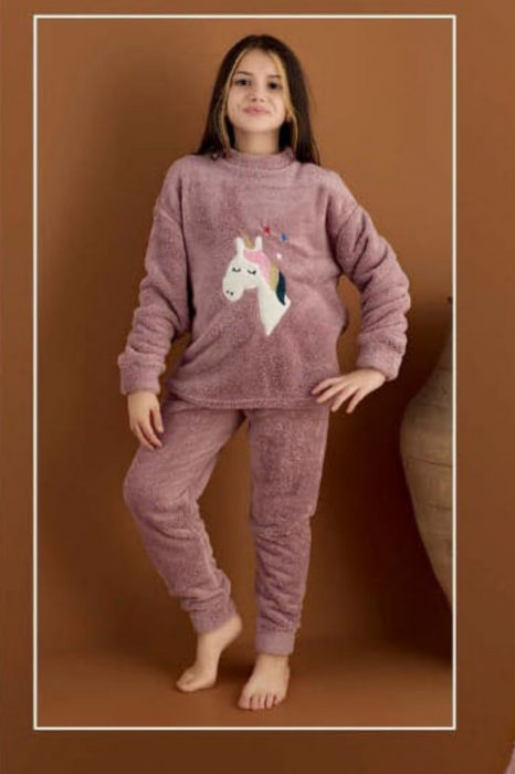 Pijama fete cocolino, pufoasa si calduroasa, imprimeu Unicorn, roz [3]