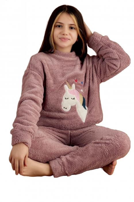 Pijama fete cocolino, pufoasa si calduroasa, imprimeu Unicorn, roz [4]