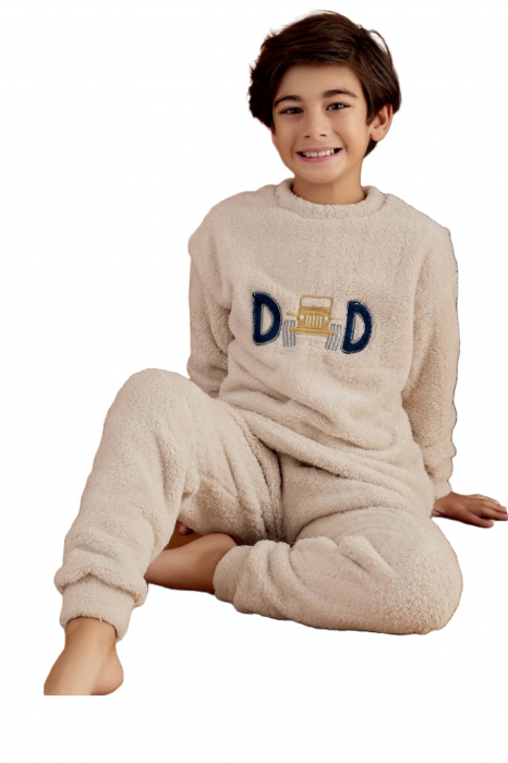 Pijama baieti cocolino, pufoasa si calduroasa, imprimeu Dad, bej [4]
