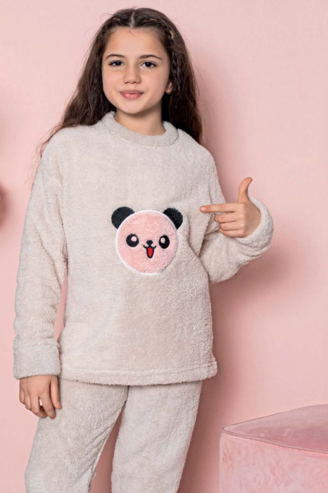 Pijama fete cocolino, pufoasa si calduroasa, imprimeu Ursulet, bej [3]