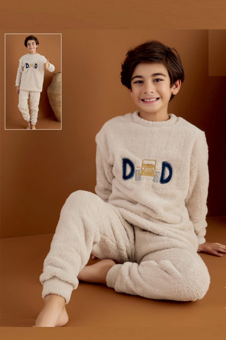 Pijama baieti cocolino, pufoasa si calduroasa, imprimeu Dad, bej [2]