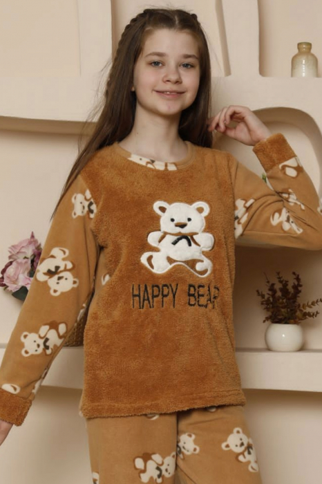 Pijama fete cocolino, pufoasa si calduroasa, imprimeu happy bear, bej, embody.ro [5]