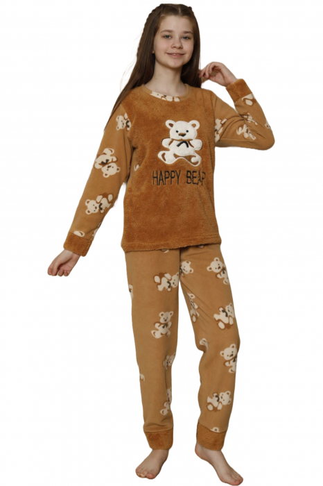 Pijama fete cocolino, pufoasa si calduroasa, imprimeu happy bear, bej, embody.ro [6]