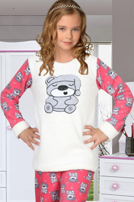 Pijama fete cocolino, pufoasa si calduroasa, imprimeu ursulet somnoros, roz [3]