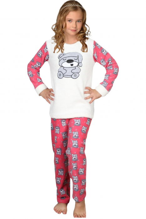 Pijama fete cocolino, pufoasa si calduroasa, imprimeu ursulet somnoros, roz [4]