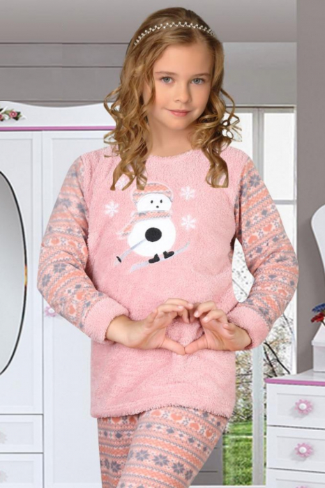 Pijama fete cocolino, pufoasa si calduroasa, imprimeu Craciun om de zapada, corai [3]