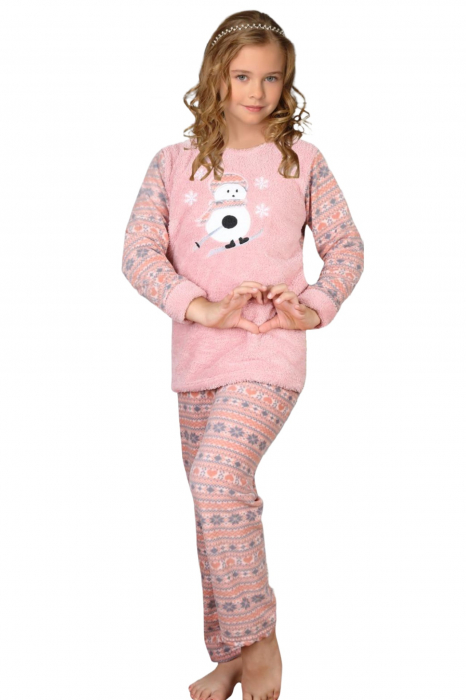 Pijama fete cocolino, pufoasa si calduroasa, imprimeu Craciun om de zapada, corai [4]