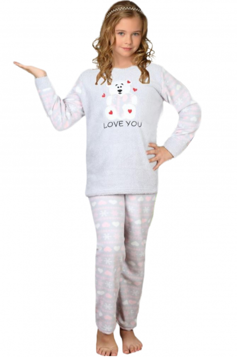 Pijama fete cocolino, pufoasa si calduroasa, imprimeu ursulet love you, gri [4]
