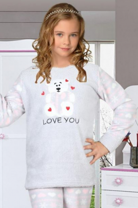Pijama fete cocolino, pufoasa si calduroasa, imprimeu ursulet love you, gri [3]