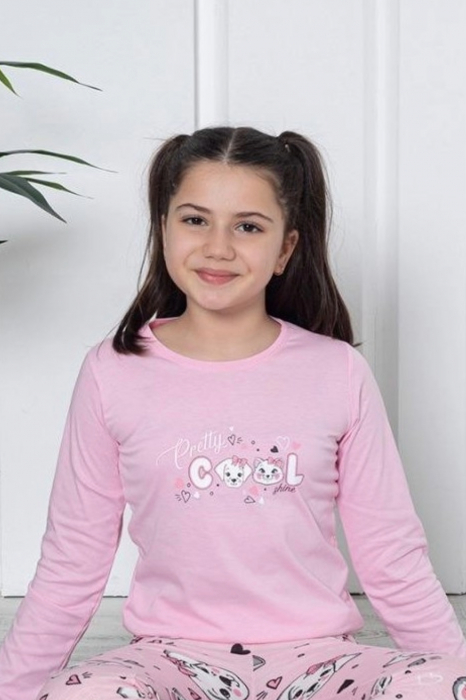 Pijama fete, din material bumbac, maneci si pantaloni lungi, imprimeu Cool, roz 4006, embody.ro [2]