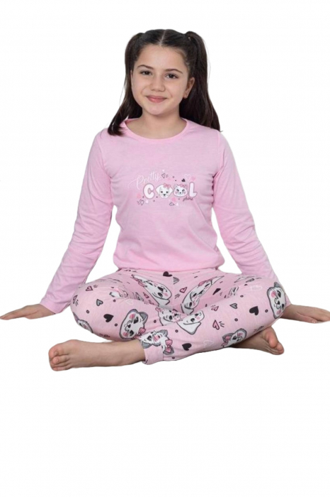 Pijama fete, din material bumbac, maneci si pantaloni lungi, imprimeu Cool, roz 4006, embody.ro [3]