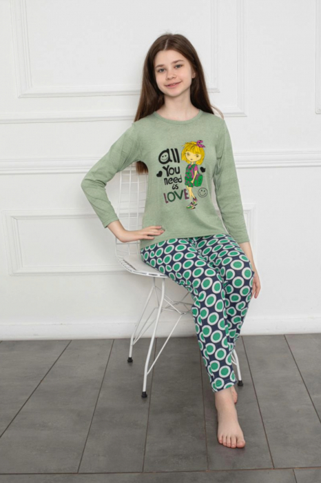 Pijama fete, din material bumbac, maneci si pantaloni lungi, imprimeu Love, verde, embody.ro [2]