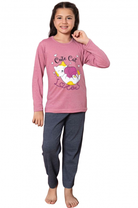 Pijama fete, din material bumbac, maneci si pantaloni lungi, imprimeu Cute Cat, roz, embody.ro [4]