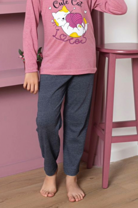 Pijama fete, din material bumbac, maneci si pantaloni lungi, imprimeu Cute Cat, roz, embody.ro [2]