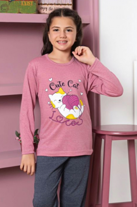 Pijama fete, din material bumbac, maneci si pantaloni lungi, imprimeu Cute Cat, roz, embody.ro [3]