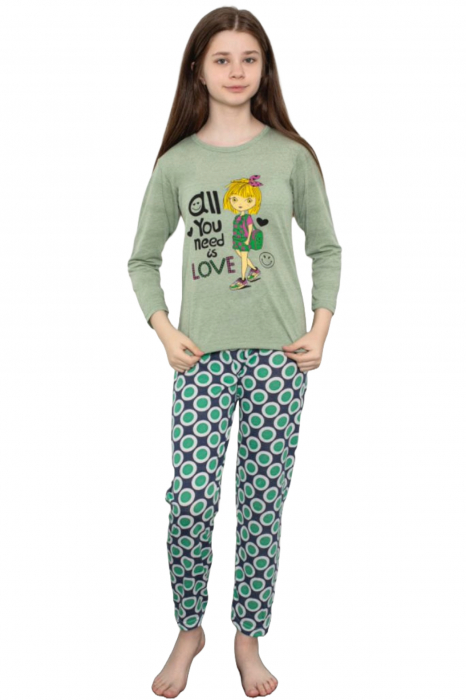 Pijama fete, din material bumbac, maneci si pantaloni lungi, imprimeu Love, verde, embody.ro [3]