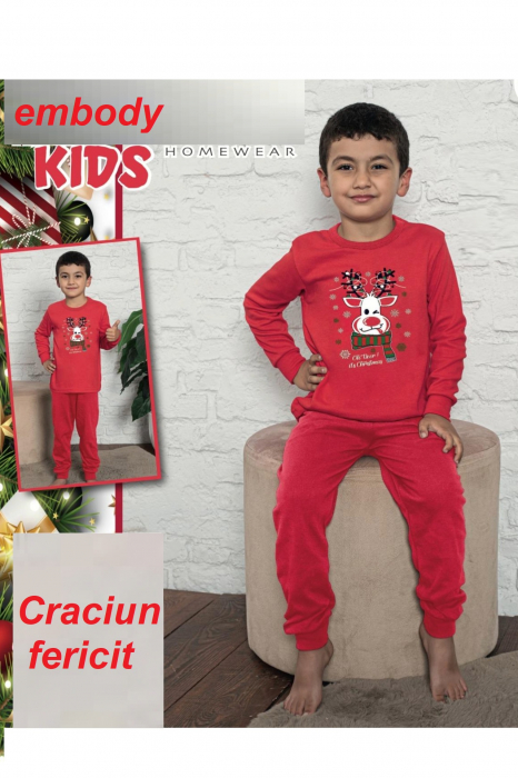 Pijama copii, din material bumbac, maneci si pantaloni lungi, imprimeu Craciun, rosu, embody.ro [2]