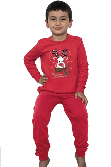 Pijama copii, din material bumbac, maneci si pantaloni lungi, imprimeu Craciun, rosu, embody.ro [4]