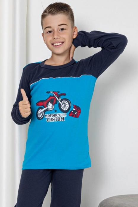 Pijama baieti, din material bumbac, maneci si pantaloni lungi, imprimeu motocicleta, albastru embody.ro [3]