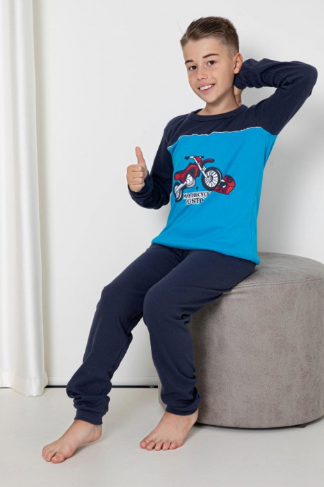 Pijama baieti, din material bumbac, maneci si pantaloni lungi, imprimeu motocicleta, albastru embody.ro [2]