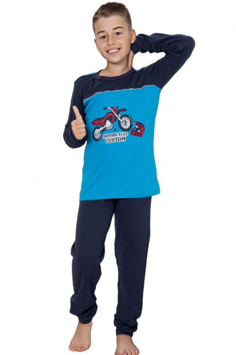 Pijama baieti, din material bumbac, maneci si pantaloni lungi, imprimeu motocicleta, albastru embody.ro [4]