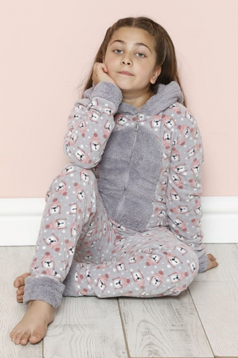 Pijama fete intreaga, tip salopeta kigurumi, pufoasa, inchidere fermoar fata-spate si gluga, gri [3]