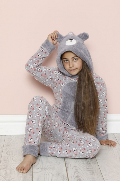 Pijama fete intreaga, tip salopeta kigurumi, pufoasa, inchidere fermoar fata-spate si gluga, gri [2]