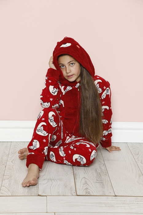 Pijama fete intreaga, tip salopeta kigurumi, pufoasa, inchidere fermoar fata-spate si gluga, rosu [4]