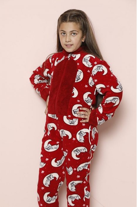 Pijama fete intreaga, tip salopeta kigurumi, pufoasa, inchidere fermoar fata-spate si gluga, rosu [3]