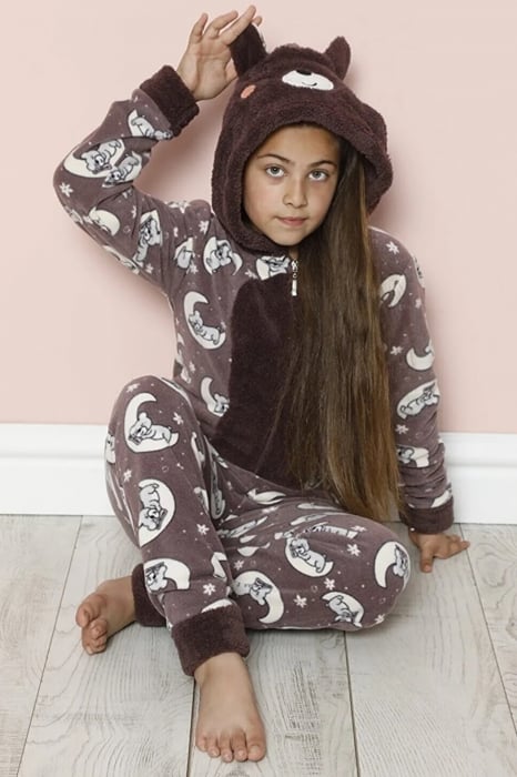 Pijama fete intreaga, tip salopeta kigurumi, pufoasa, inchidere fermoar fata-spate si gluga, maro [3]