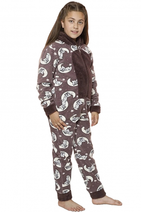 Pijama fete intreaga, tip salopeta kigurumi, pufoasa, inchidere fermoar fata-spate si gluga, maro [5]