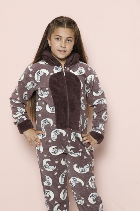 Pijama fete intreaga, tip salopeta kigurumi, pufoasa, inchidere fermoar fata-spate si gluga, maro [4]