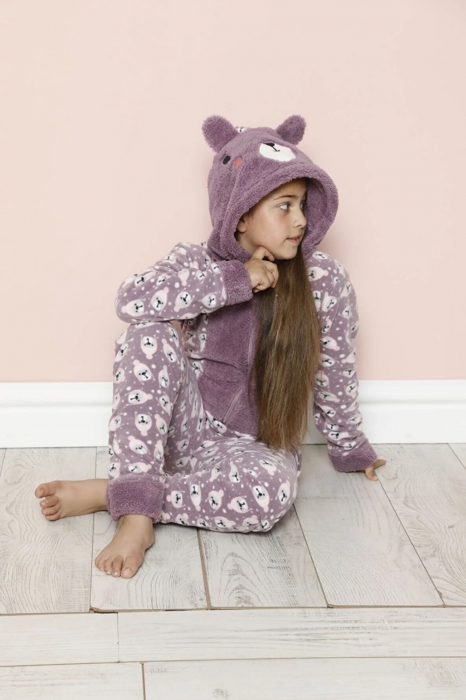 Pijama fete intreaga, tip salopeta kigurumi, pufoasa, inchidere fermoar fata-spate si gluga, mov [3]