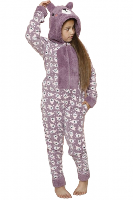 Pijama fete intreaga, tip salopeta kigurumi, pufoasa, inchidere fermoar fata-spate si gluga, mov [4]