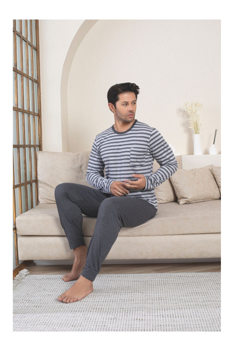 Pijama lunga bumbac barbat cu dungi, gri 3004 [2]