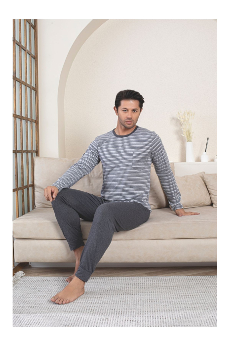 Pijama lunga bumbac barbat cu dungi, gri 3003 [2]