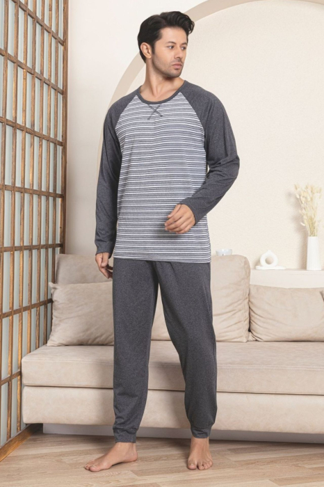 Pijama lunga bumbac barbat cu dungi, gri 3002 [1]